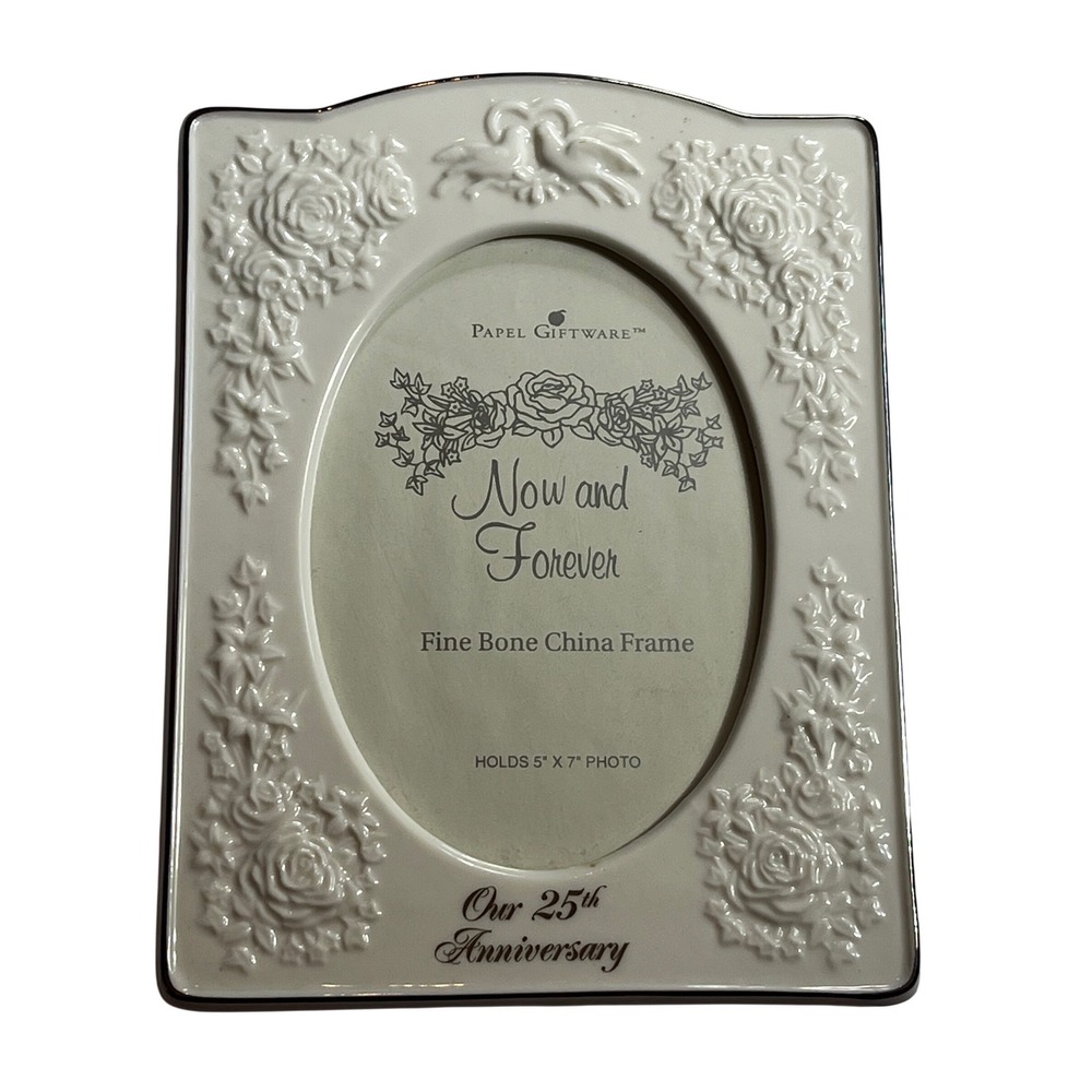 Papel Giftware 25th Anniversary Fine Bone China 5x7 Picture Frame Silver Trim